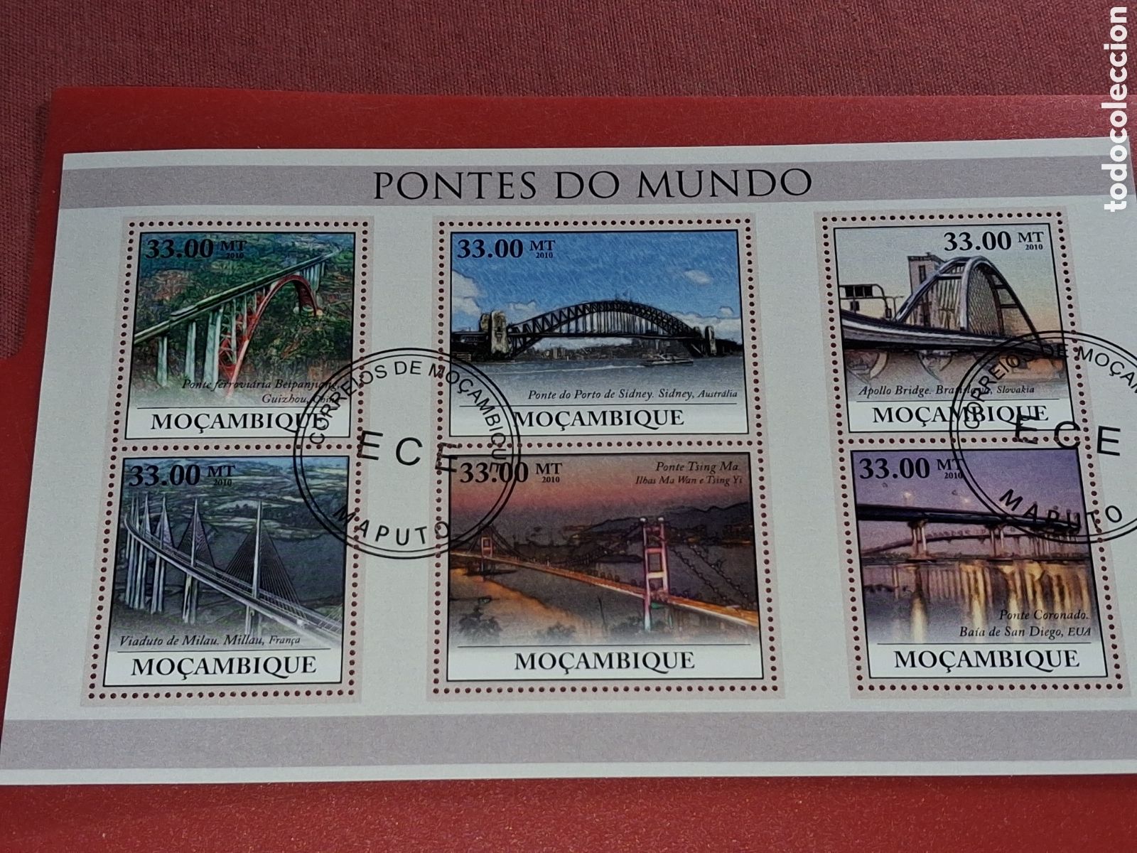 Sellos: HB Mozambique mtdo 2010. Puentes famosos. Arquitectura. Arte. Coches. Vistas.