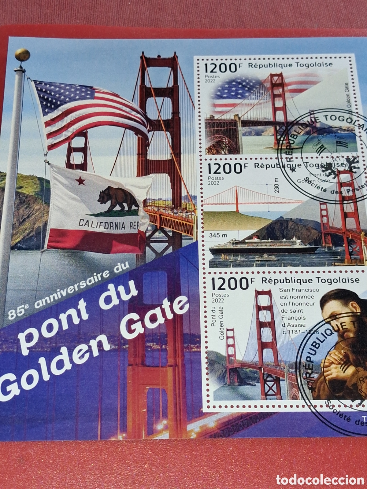 Sellos: HB Togo mtdo 2022. Puentes famosos. Coches. Arquitectura. Bandera. 90Aniv Golden Gate