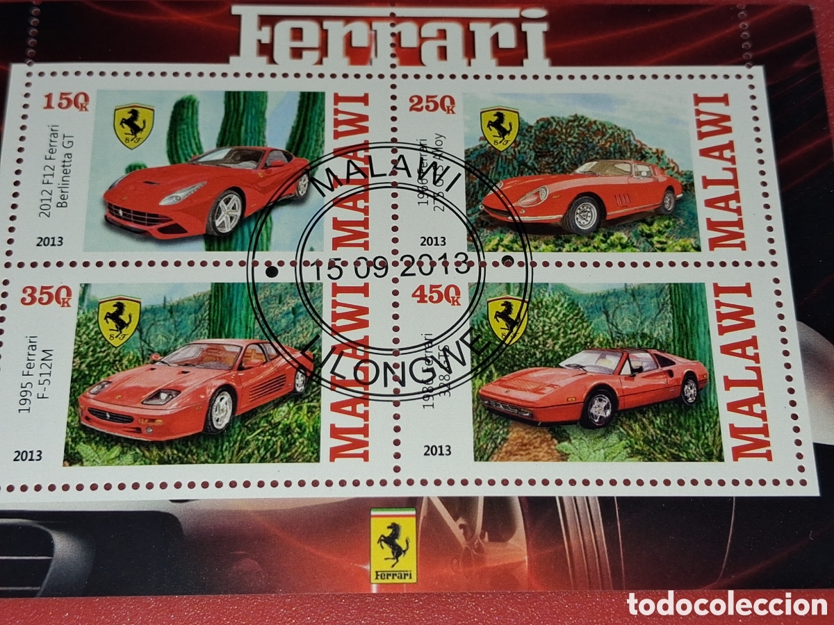Sellos: HB Malawi mtdo 2013. Coches. Ferrari. Autom&oacute;viles. Veh&iacute;culos. Carreras. Deporte