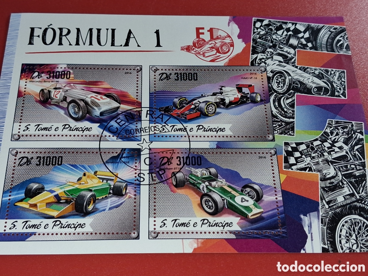 Sellos: HB Tome Pr&iacute;ncipe mtdo 2016. Coches carreras. Ferrari. F&oacute;rmula I. Deporte. Veh&iacute;culos. Automoviles