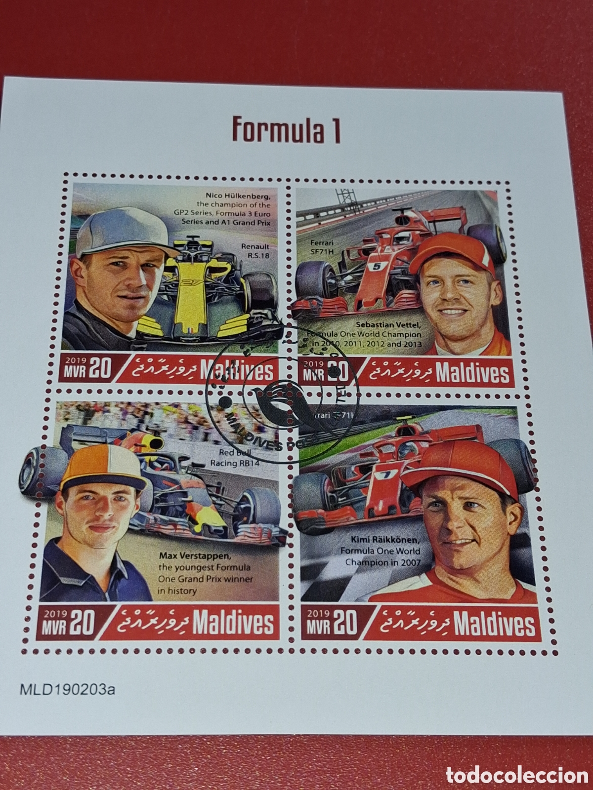 Sellos: HB Djibouti mtdo 2019. Coches carreras. Ferrari. F&oacute;rmula I. Deporte. Automoviles. Vettel. Nico. Max
