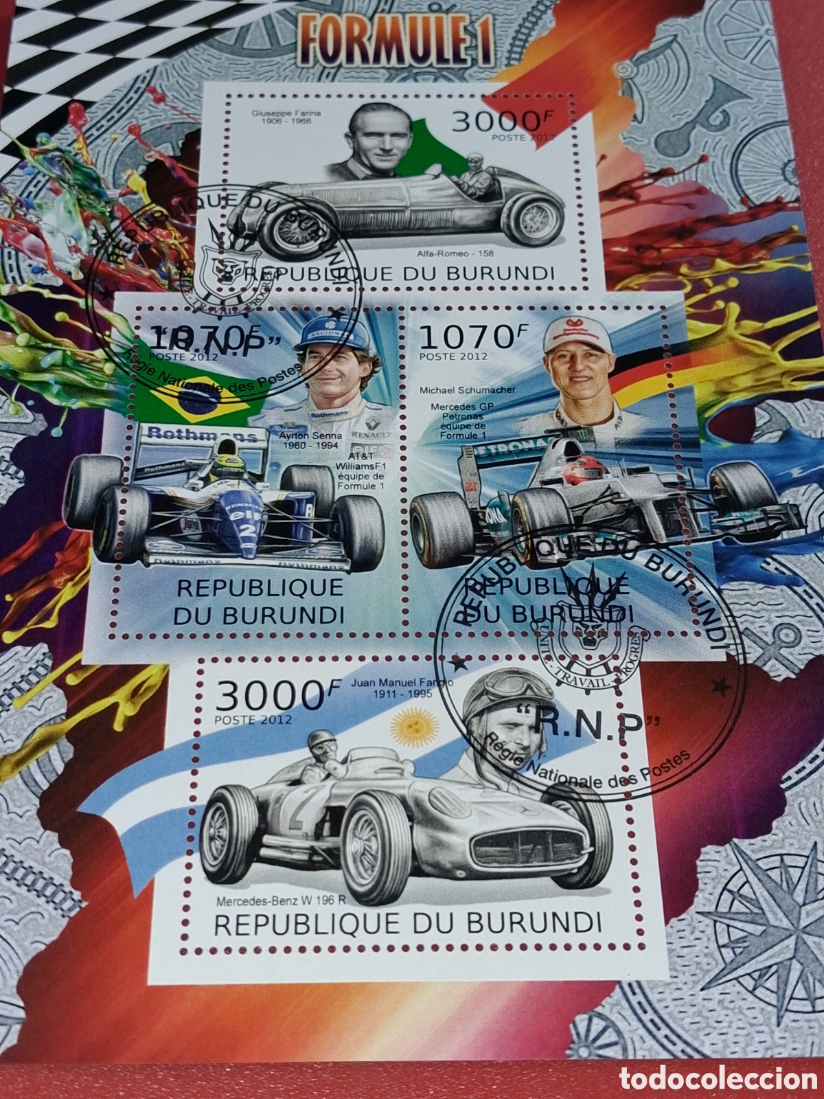 Sellos: HB Burundi mtdo. 2012. Formula 1. Coches. Carreras. Deporte. G. Farina. Senna. Fangio.