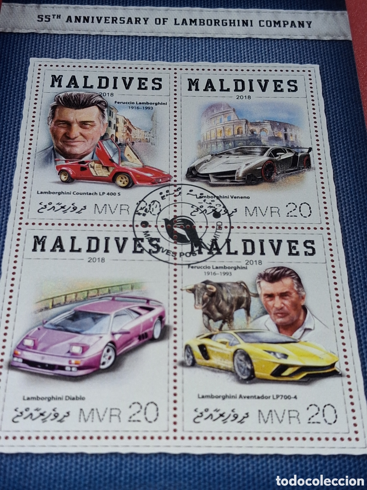Sellos: HB Maldivas mtdo 2018. 55Aniv autom&oacute;vil Lamborghini. Coche. Autom&oacute;vil. Veh&iacute;culo.