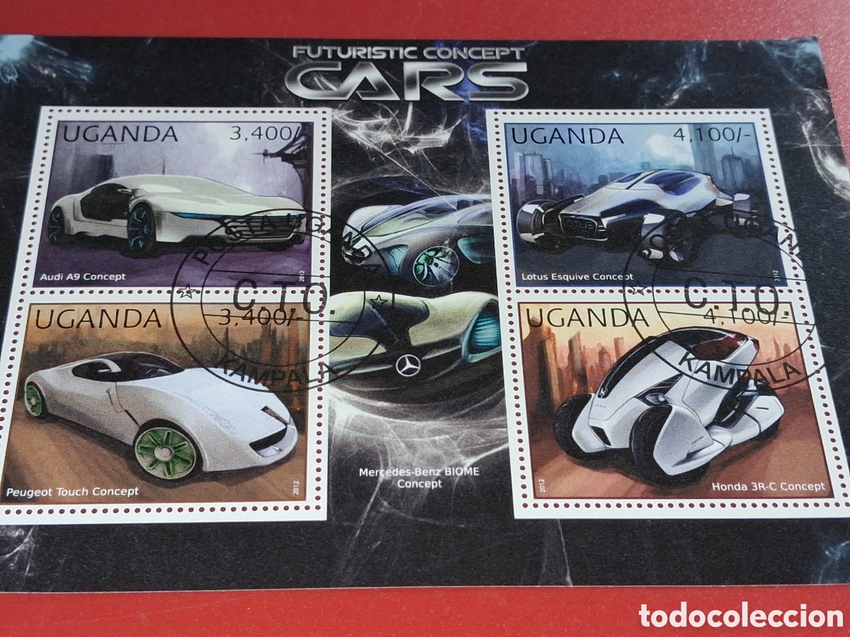 Sellos: HB Uganda mtdo 2012. Coches, veh&iacute;culos futuristas. Autom&oacute;viles.