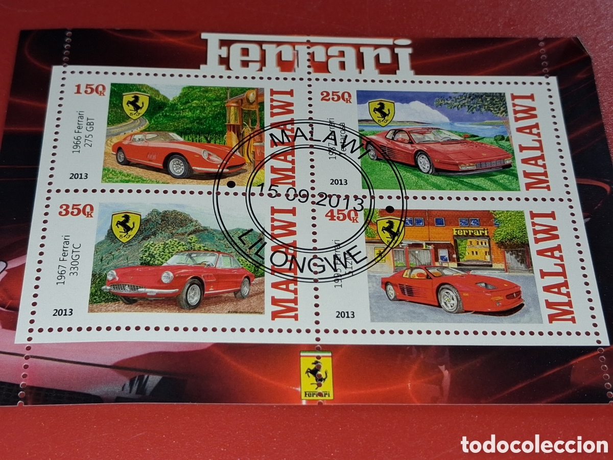 Sellos: HB Malawi mtda 2013. Coches carreras. Ferrari. Deporte. Veh&iacute;culos. E,bella. Caballo.