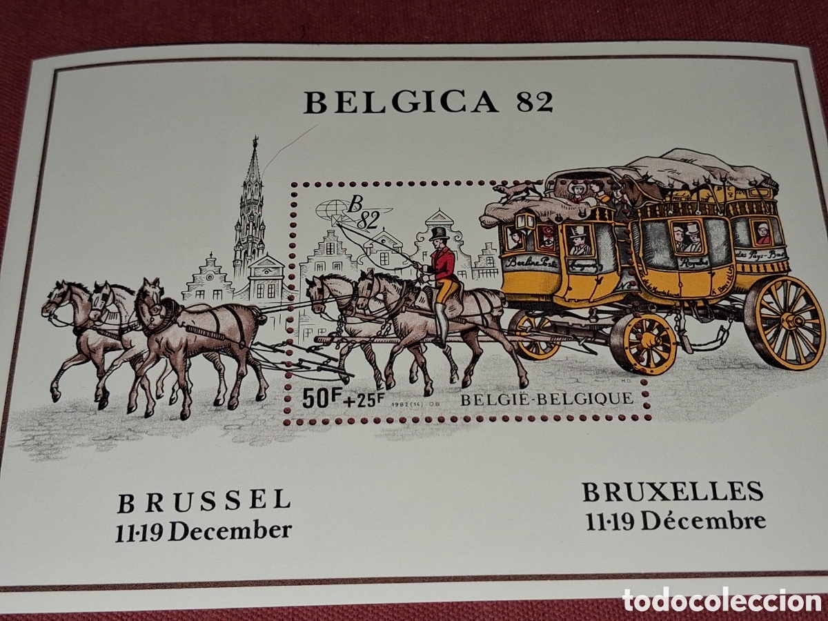 Sellos: HB B&eacute;lgica nuevo 1982. Exp Filt Inter. B&eacute;lgica,82. Caballos. Mam&iacute;feros. Fauna. Carruaje. Carreta. D