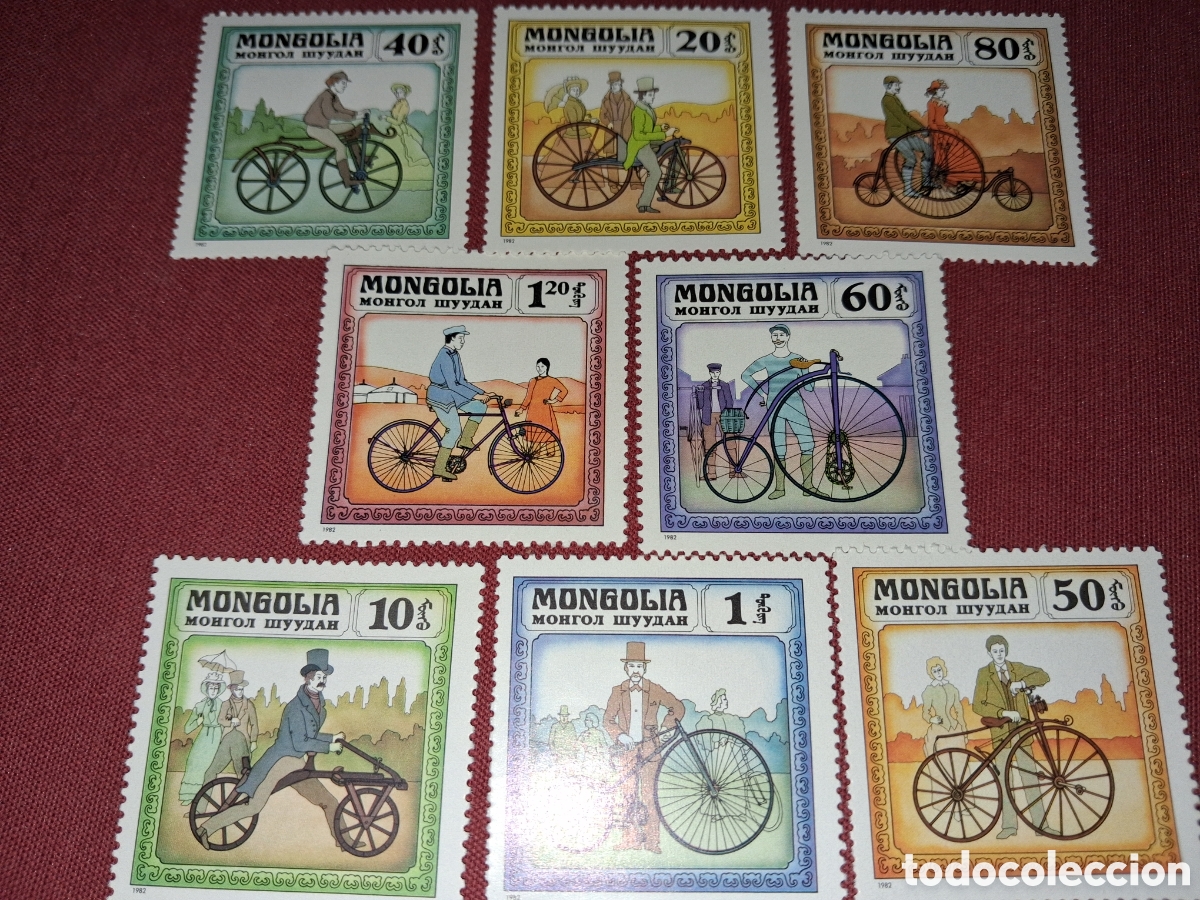 Stamps: Sello Mongolia mtdo 1982. Historia bicicleta. Transporte. Triciclo. Trajes t&iacute;picos. Folclore.