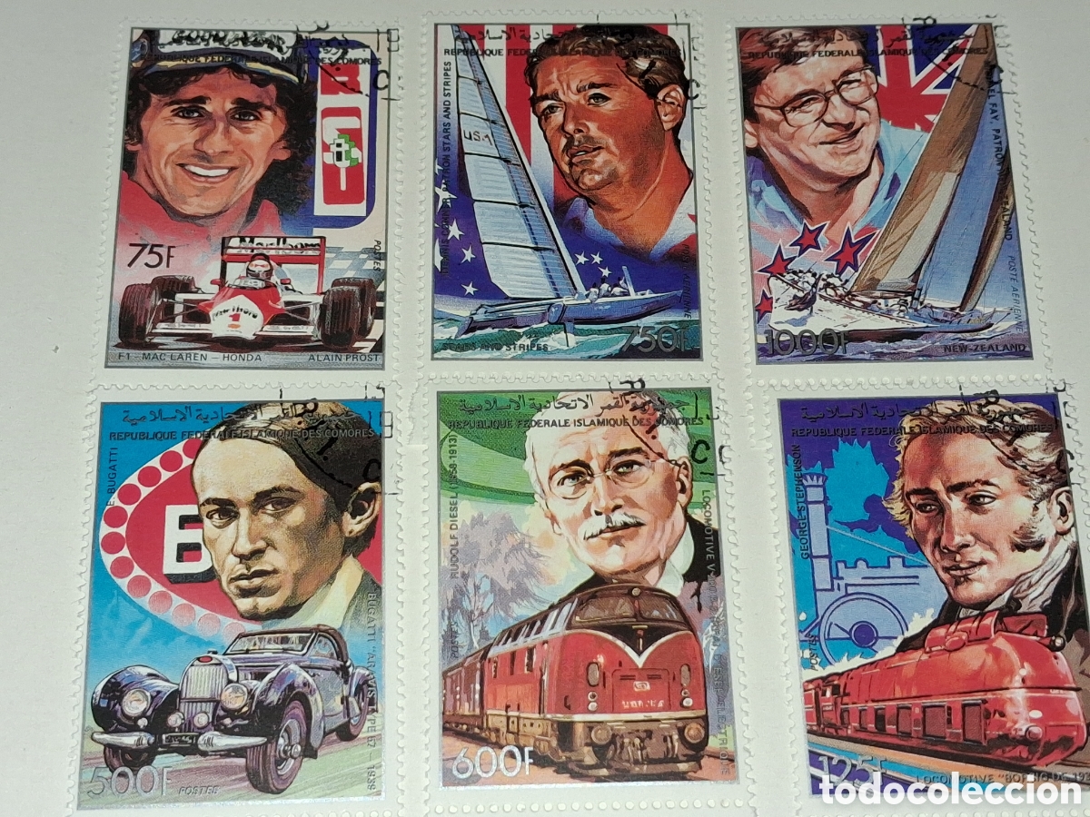 Sellos: Sello (2series) Comoras nuevo 1988. Personajes. Alain Prost. Formula 1. Conner, velero. Trenes Barco
