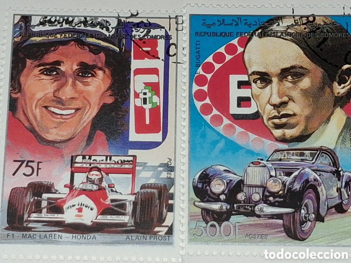Sellos: Sello (2/4) Comoras mtdo 1988. Personajes. Alain Prost. Formula 1. Ettore Bugatti. Coches clasicos V