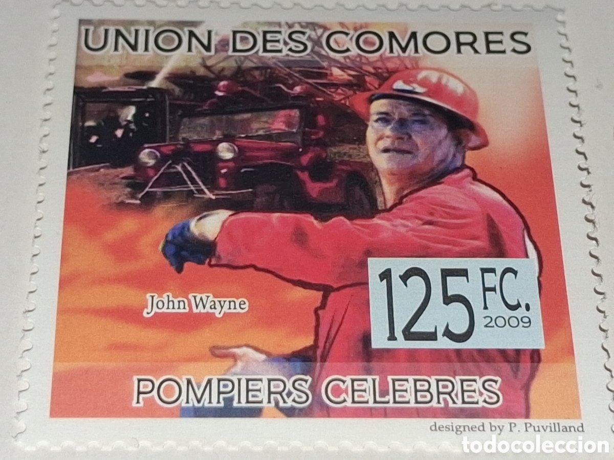 Sellos: Sello Comoras nuevo 2009. Bomberos famosos. John Wayne. Cami&oacute;n. Escalera. Cine. Robert. 7&deg; arte.