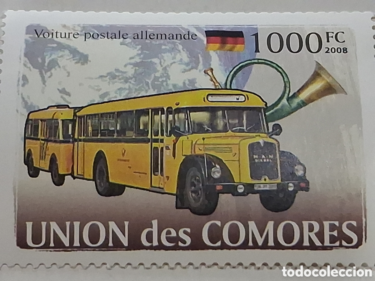 Sellos: Sello Comoras nuevo 2008. Veh&iacute;culos postales. Coches. Cami&oacute;n. Clar&iacute;n. Globo terr&aacute;queo. Autobus.