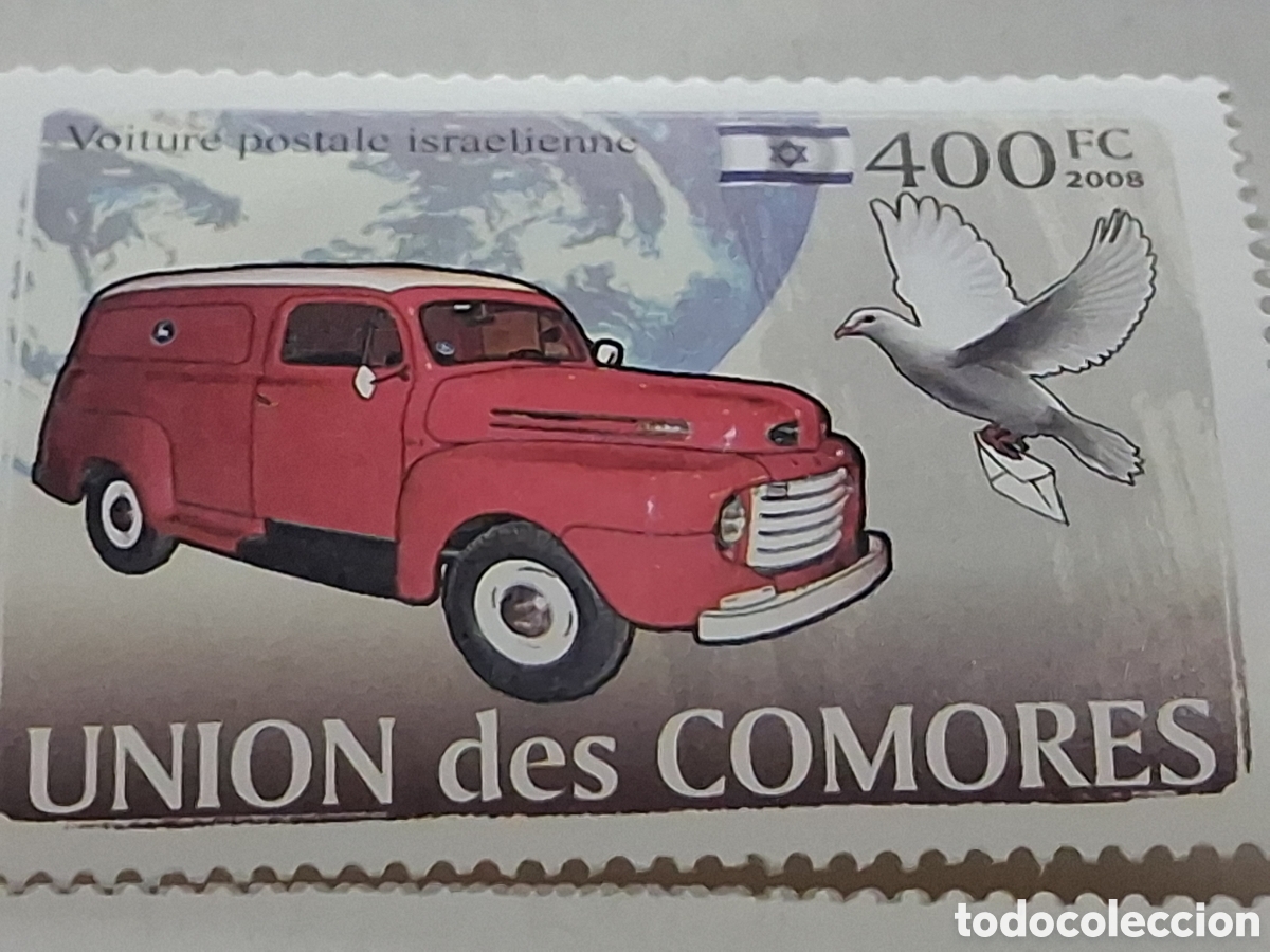 Sellos: Sello Comoras nuevo 2008. Transporte postal. Coche. Camioneta. Fordon. Paloma. Aves. P&aacute;jaro. Globo
