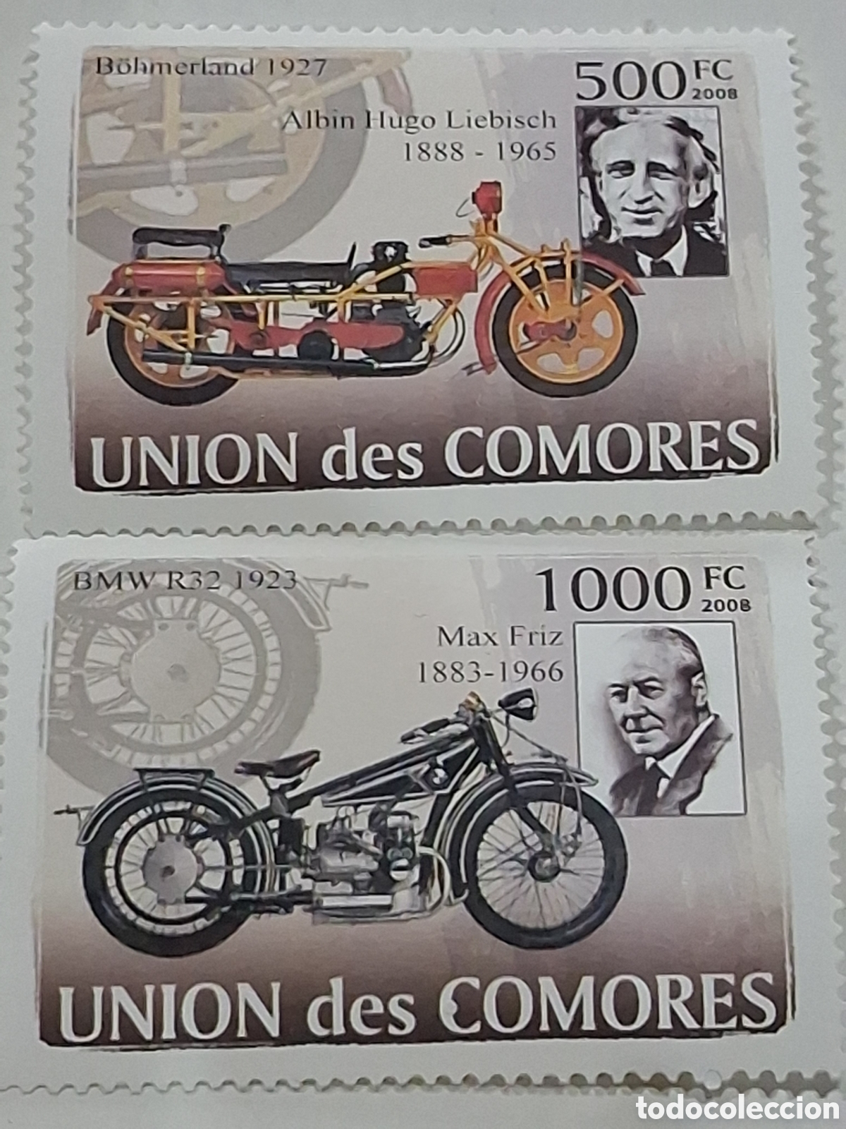 Sellos: Sello Comoras nuevo 2009. Motocicletas. Motos. Max Triz. Bohmerland Liebisch. Motos. Triciclo. Vehoc