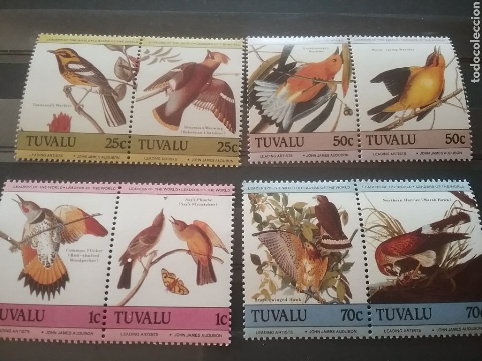 Sellos: Sello Tuvalu nuevos/1985/200Aniv/nacimiento/ornitologo/Jacques/aves/carpintero/gabilan/reinita/na