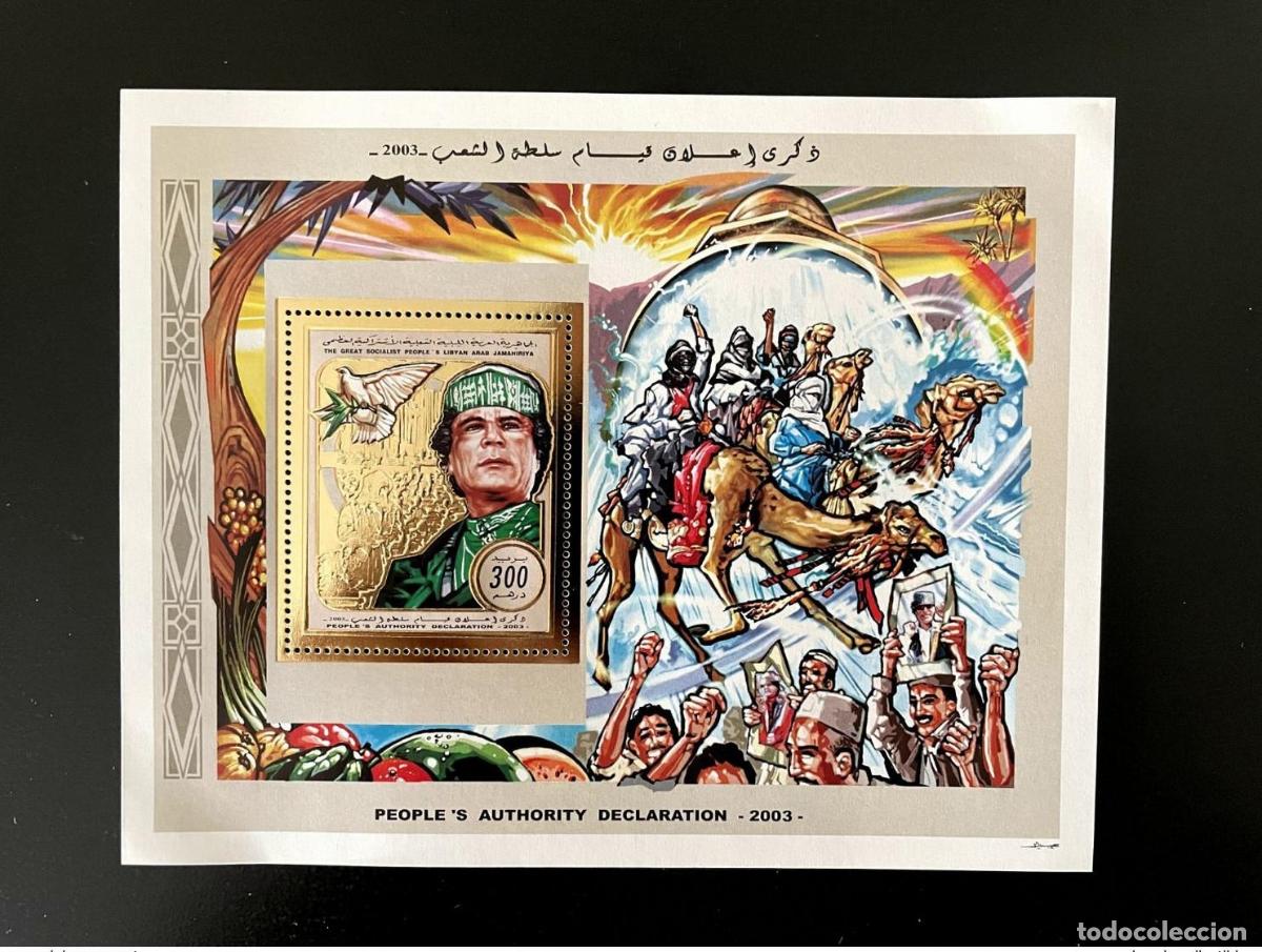 Sellos: Libia 2003 Mi. Bl. 167 Declaraci&oacute;n de la Autoridad Popular Gold Gaddafi Dove Camel