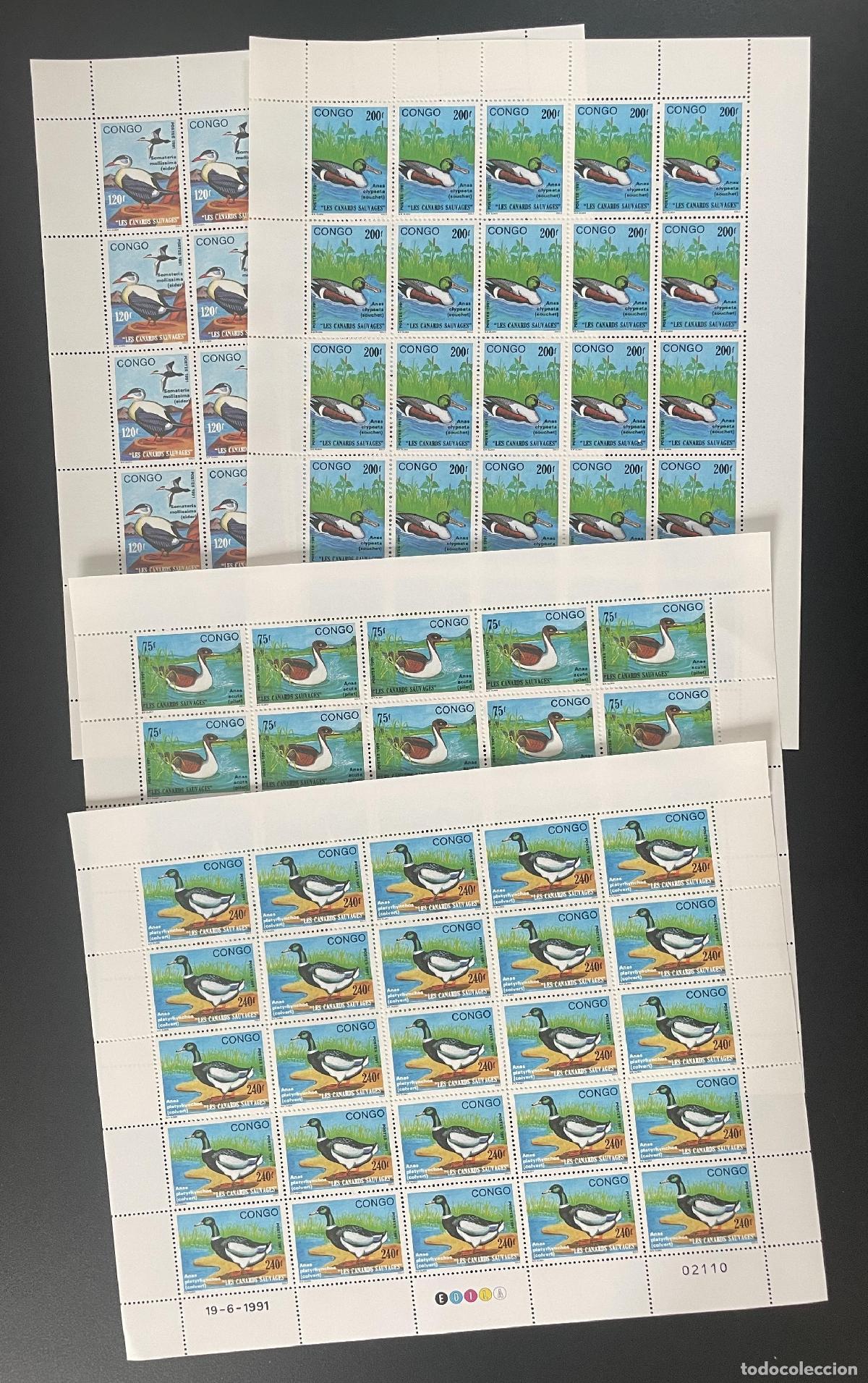 Sellos: Congo 1991 YT 912-915 tabl&oacute;n patos silvestres aves acu&aacute;ticas fauna