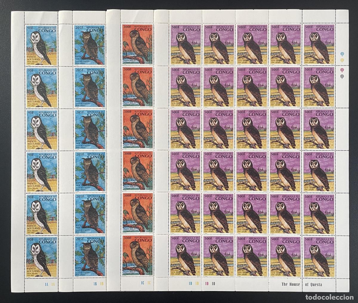 Sellos: Congo 1996 YT 1023-1026 tabl&oacute;n b&uacute;hos aves rapaces nocturnas
