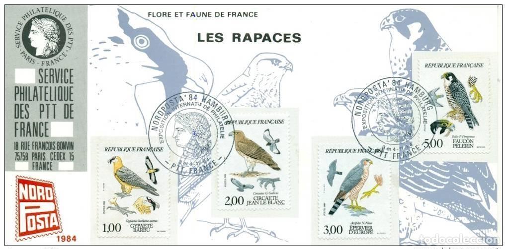 Sellos: 008 Mapa oficial Exposici&oacute;n Internacional de Hamburgo 1984 Francia FDC Raptors Birds