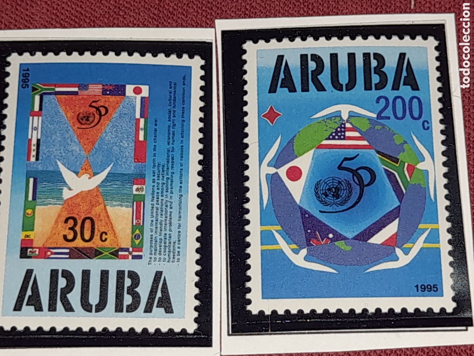 Sellos: Sello Aruba nuevo 1995. 50Aniv Naciones Unidas. O.N.U. Paloma. Aves. Bandera. Globo terr&aacute;queo.
