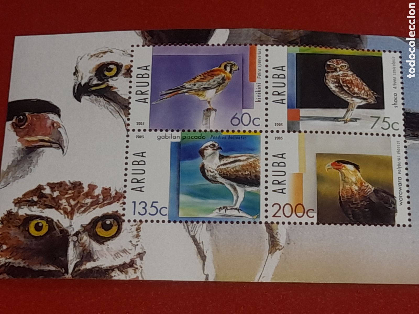 Sellos: HB Aruba nuevo 2005. Aves rapaces. P&aacute;jaros. Fauna. B&uacute;ho. Mochuelo. Halc&oacute;n. Buitre. Caracara.