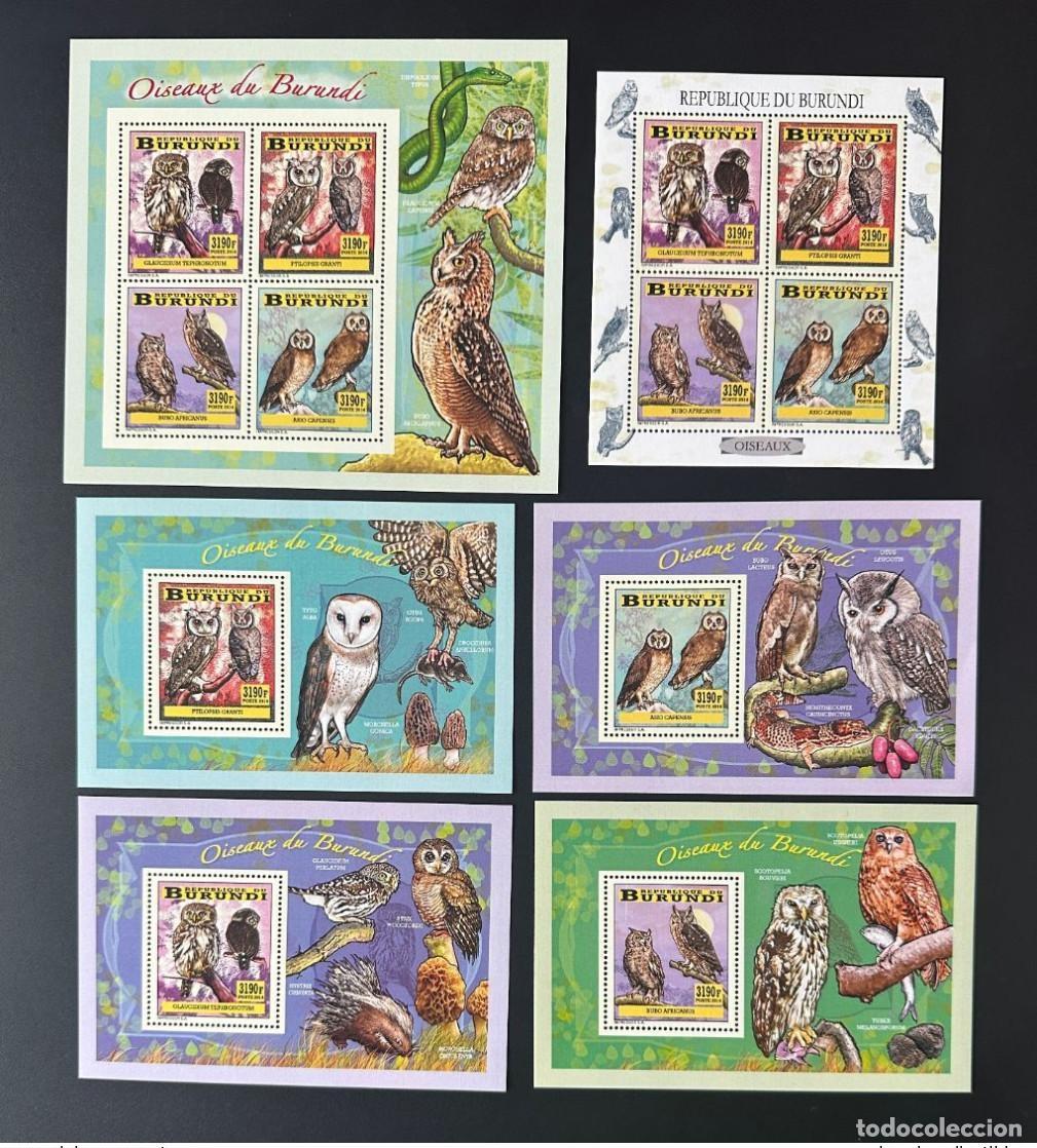 Sellos: Burundi 2014 Mi. 3353 - 3356 Bl. 403 406 P&aacute;jaros B&uacute;hos Eulen fauna silvestre