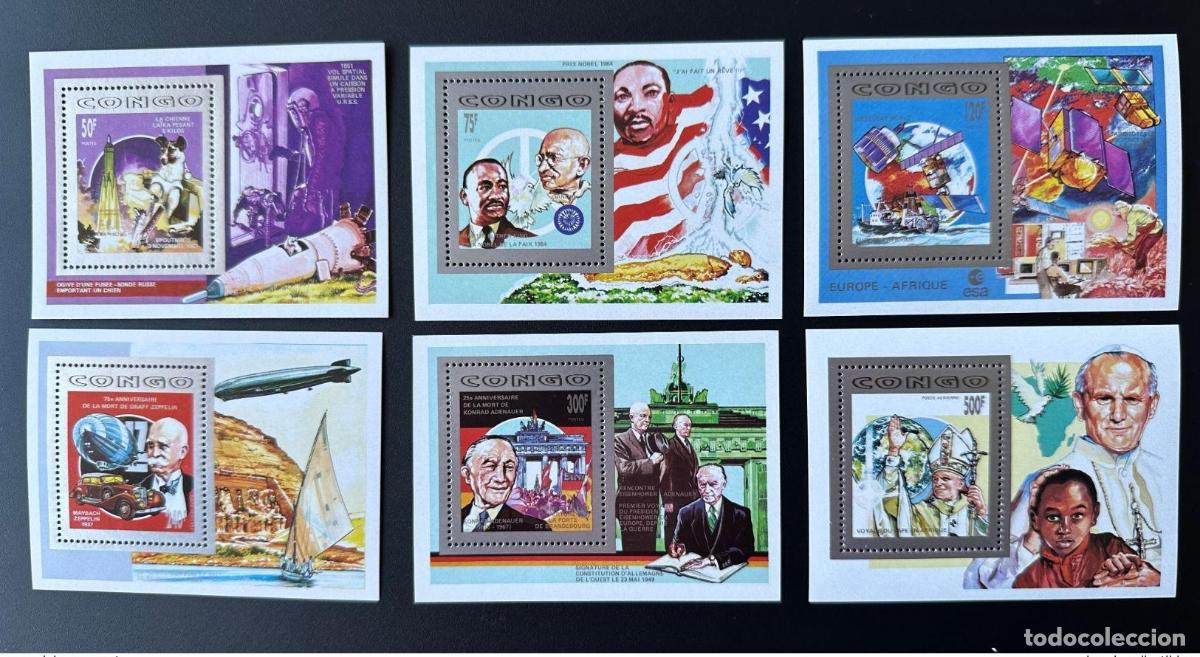 Sellos: Congo 1992 Mi. Bl. 1307 - 1312 Perro Gandhi Juan Pablo II Papa Space Dove Zeppelin