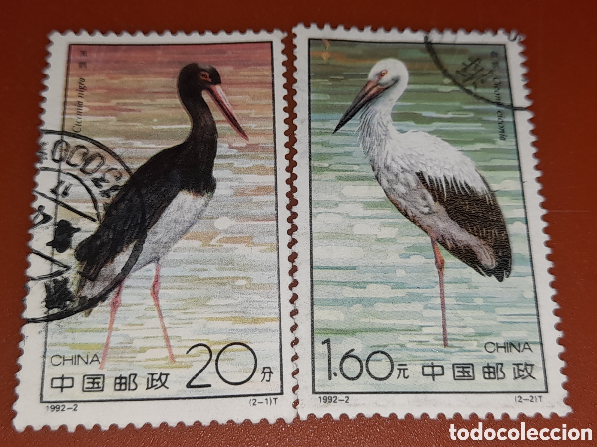 Sellos: Sello China mtdo 1992. Aniamles. Fauna. Aves. P&aacute;jaros. Cig&uuml;e&ntilde;a negra y blanca.
