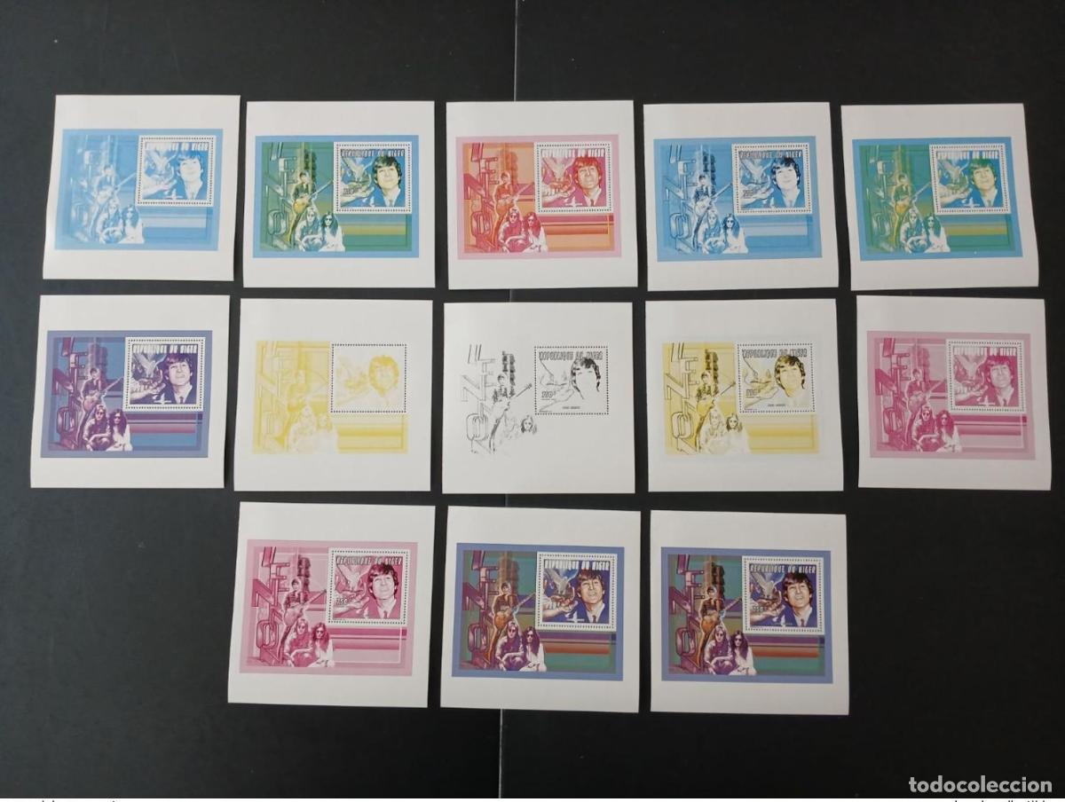 Sellos: N&iacute;ger 1996 Mi. 1196 (Bl). Ensayos en color John Lennon Music Dove Bird
