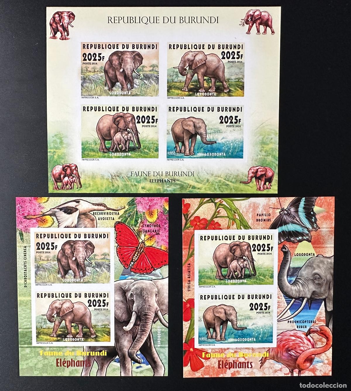 Sellos: Burundi 2014 Mi. 3397 - 3400 Bl. 437 438 ND Elefantes flamencos y mariposas silvestres