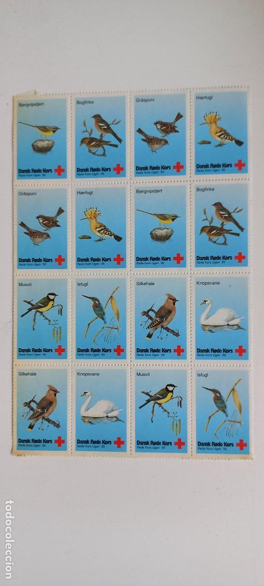 Sellos: Hoja de sellos ben&eacute;ficos de la Cruz Roja Danesa. Dansk R&oslash;de Kors 1995, aves, p&aacute;jaros