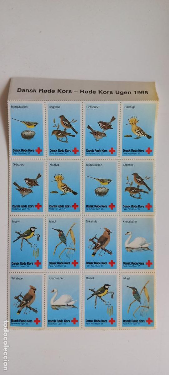 Sellos: Hoja de 16 sellos ben&eacute;ficos de la Cruz Roja Danesa. Dansk R&oslash;de Kors 1995, aves, p&aacute;jaros