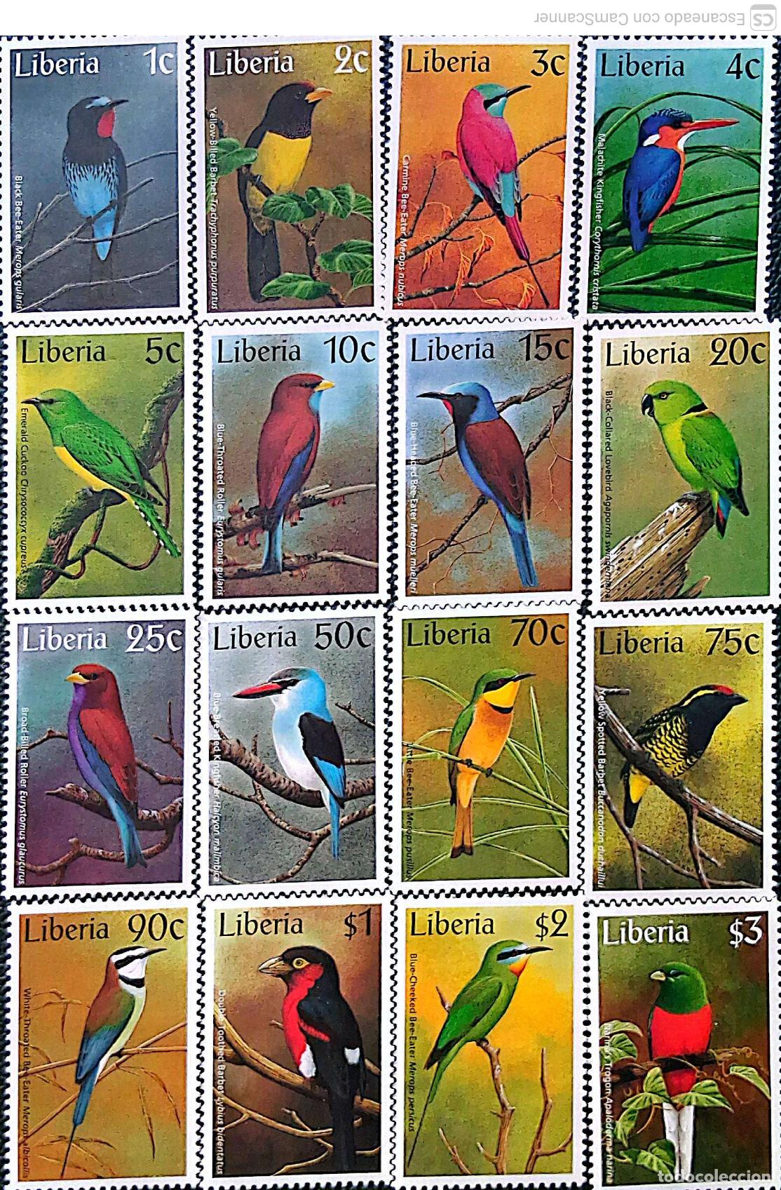 Sellos: Liberia. 1446/61 Serie b&aacute;sica. Fauna: P&aacute;jaros. 1997. Sellos nuevos y numeraci&oacute;n Yvert.