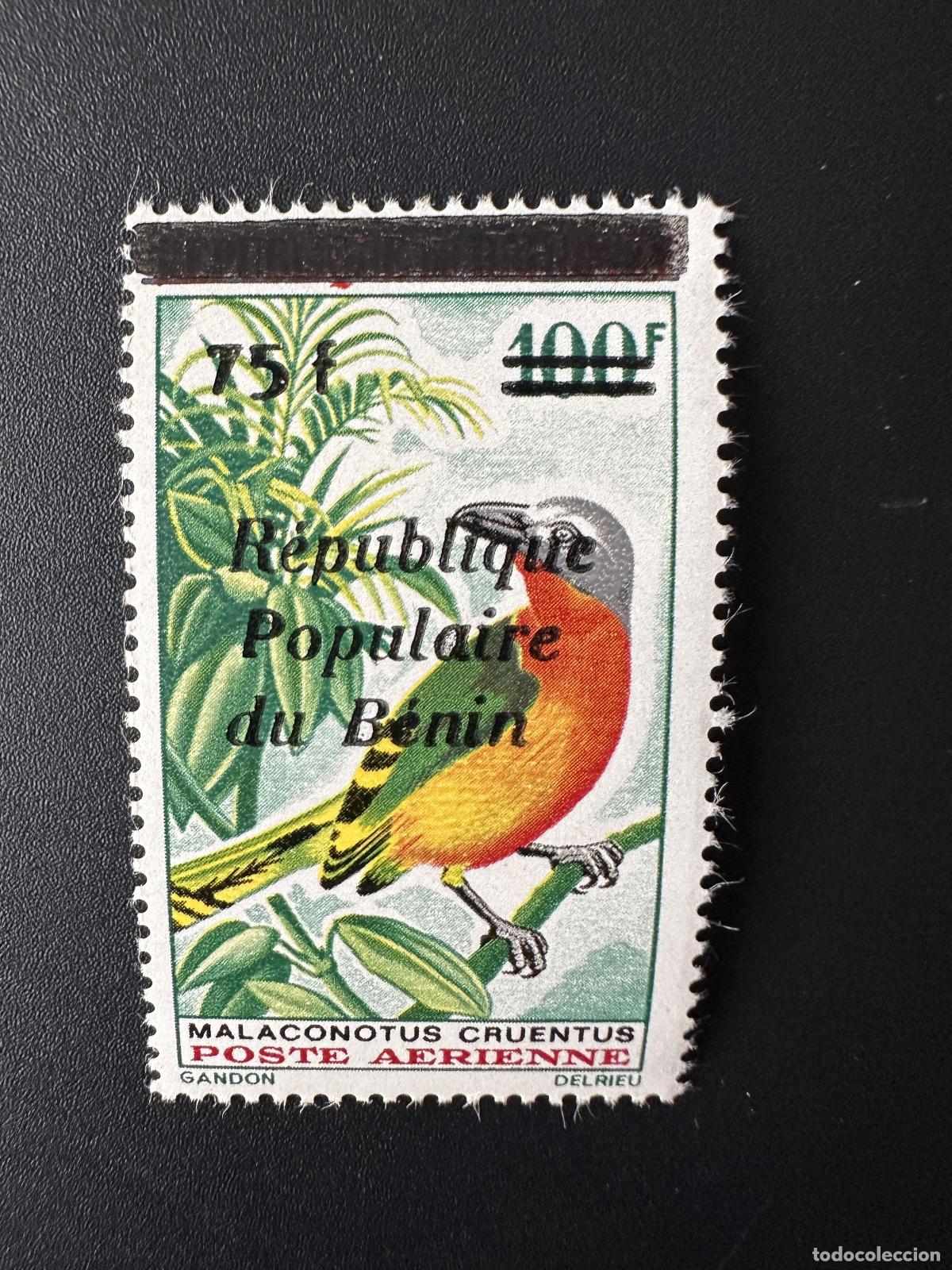 Sellos: Benin 1986 Mi. 431 Sobreimpresi&oacute;n p&aacute;jaro Vogel Malaconotus cruentus