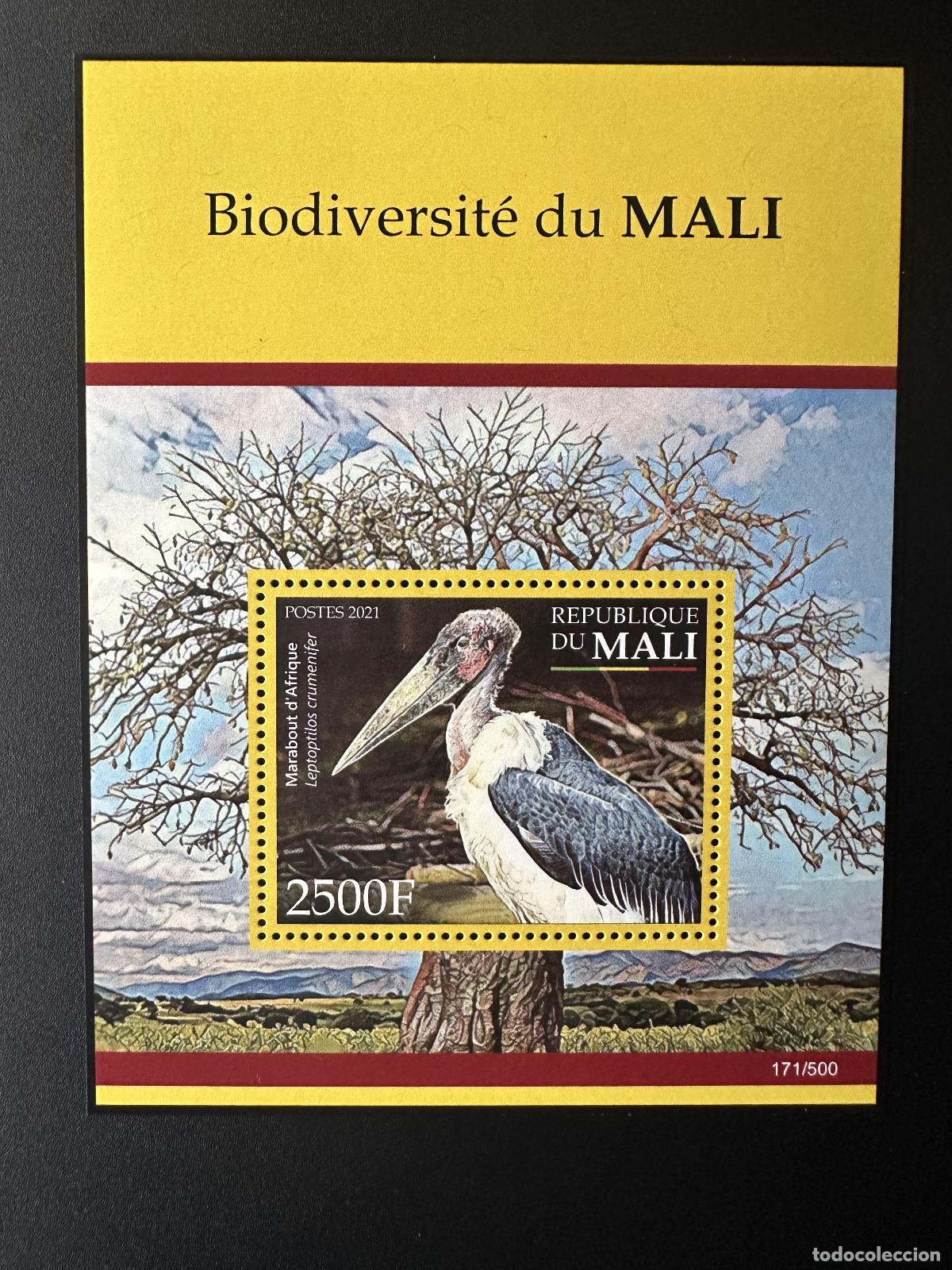 Sellos: Mali mayo de 2021.? Biodiversidad fauna ave p&aacute;jaro marab&uacute; africano