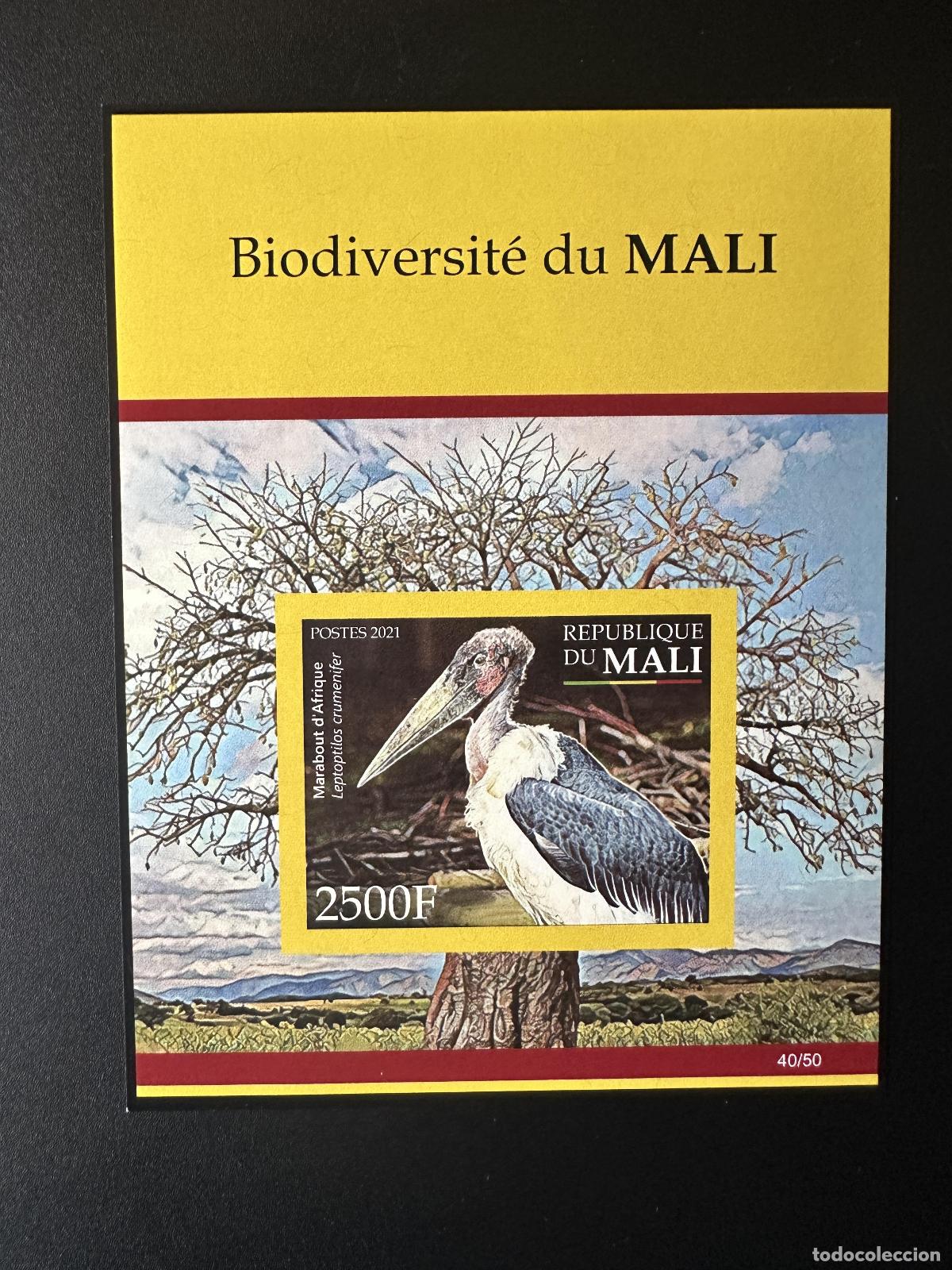 Sellos: Mali mayo de 2021.? ND: Biodiversidad fauna p&aacute;jaro marab&uacute; africano