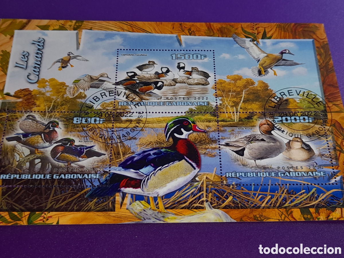 Sellos: HB Gabon mtdo 2017. Animales salvajes. Aves acu&aacute;ticas. P&aacute;jaros. Ocas. Patos. Ganso. &Aacute;rboles. Natural