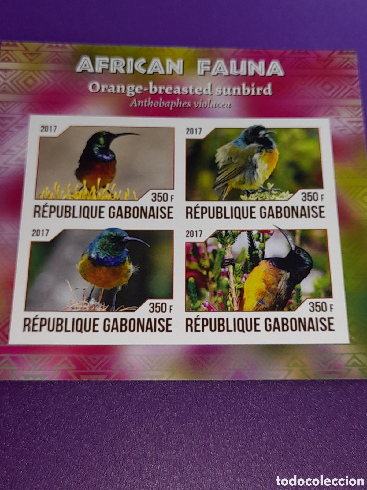 Sellos: HB Gabon nuevo/sd 2017. Aves. P&aacute;jaros. Fauna. Animales salvajes. Colibr&iacute; pecho naranja