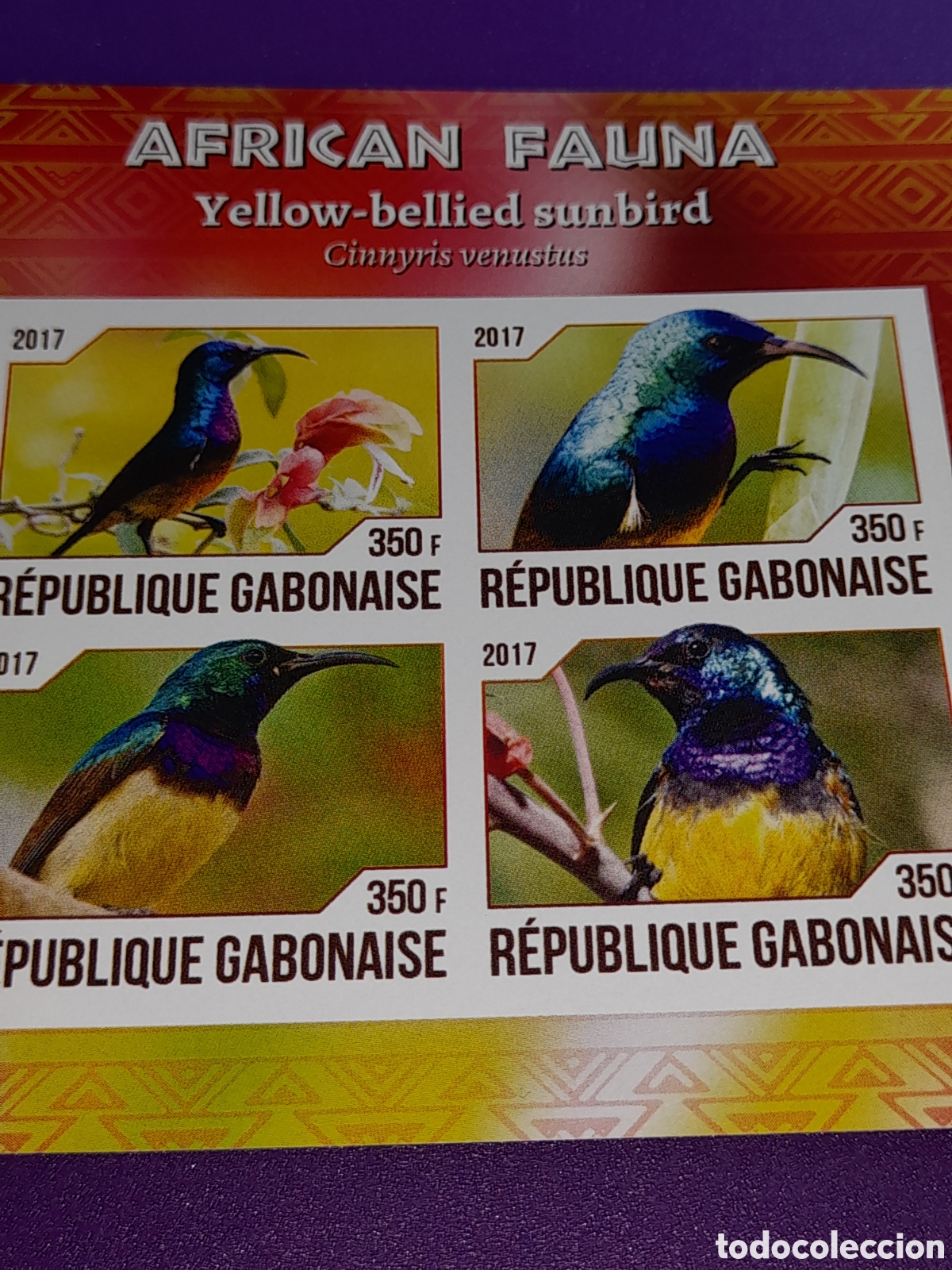 Sellos: HB Gabon nuevo/sd 2017. Colibr&iacute; de vientre amarillo. Aves. P&aacute;jaros. Fauna. Animales.