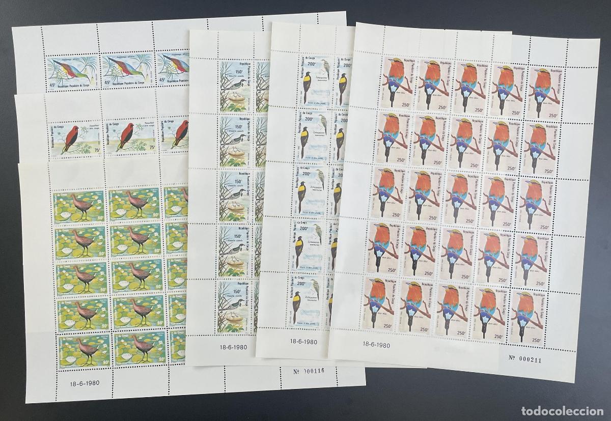 Sellos: Congo 1980 YT 581-586 tabl&oacute;n p&aacute;jaros vida silvestre naturaleza animales coloridos