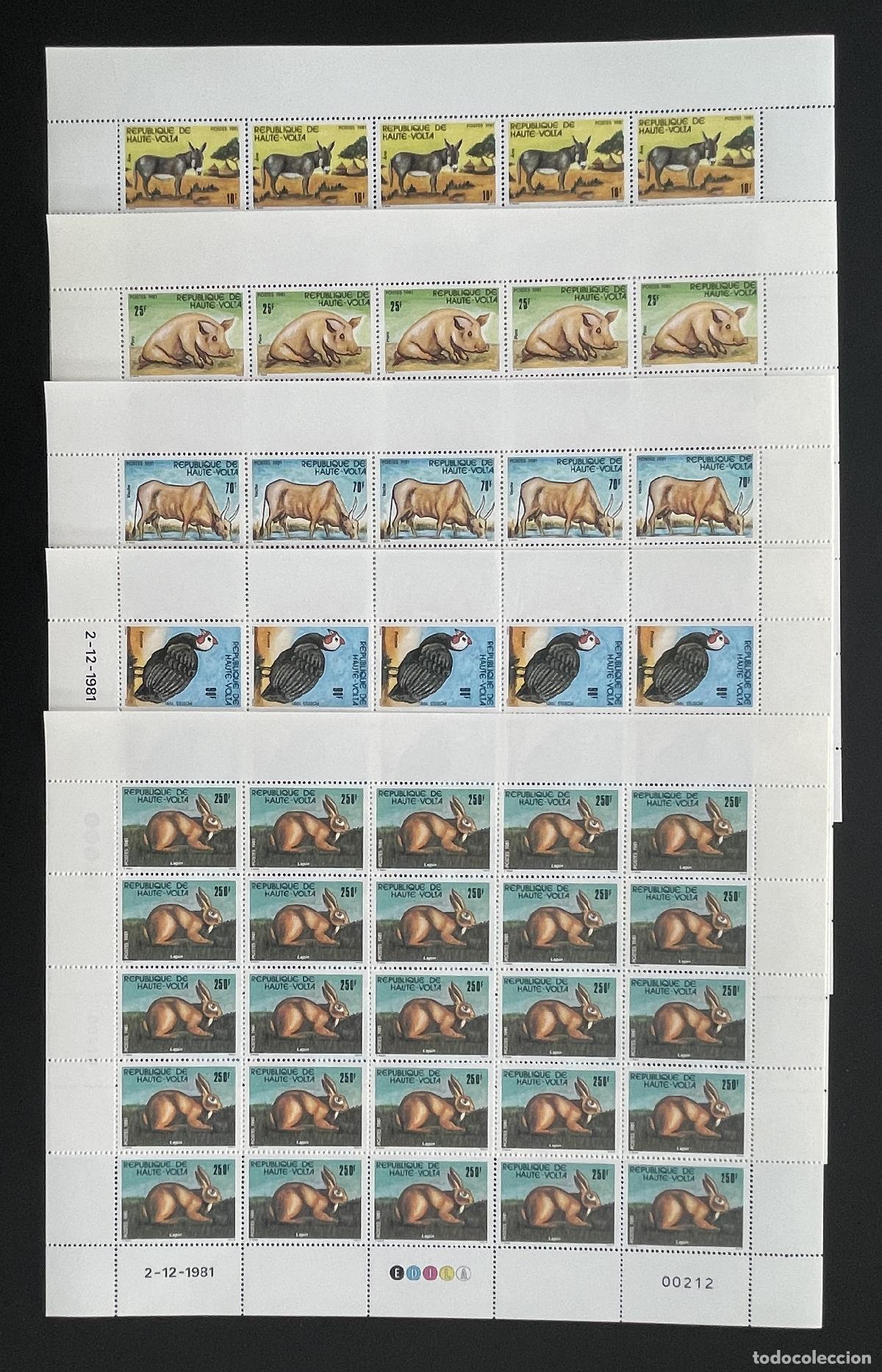 Sellos: Alto Volta 1981 YT 563-567 bloque animales burro cerdo b&uacute;falo conejo