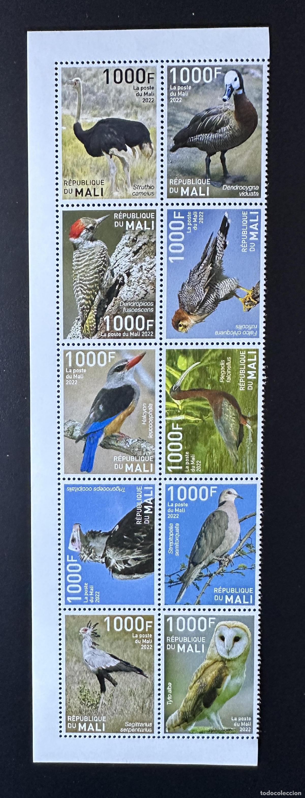 Sellos: Mali de mayo 2022? P&aacute;jaros avestruz pato raptor &aacute;guila b&uacute;ho