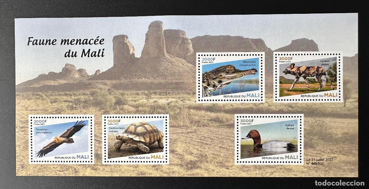 Briefmarken: Mali de mayo 2023. &iquest;Bl? Fauna en peligro extinci&oacute;n: p&aacute;jaro pato tortuga cocodrilo raptor