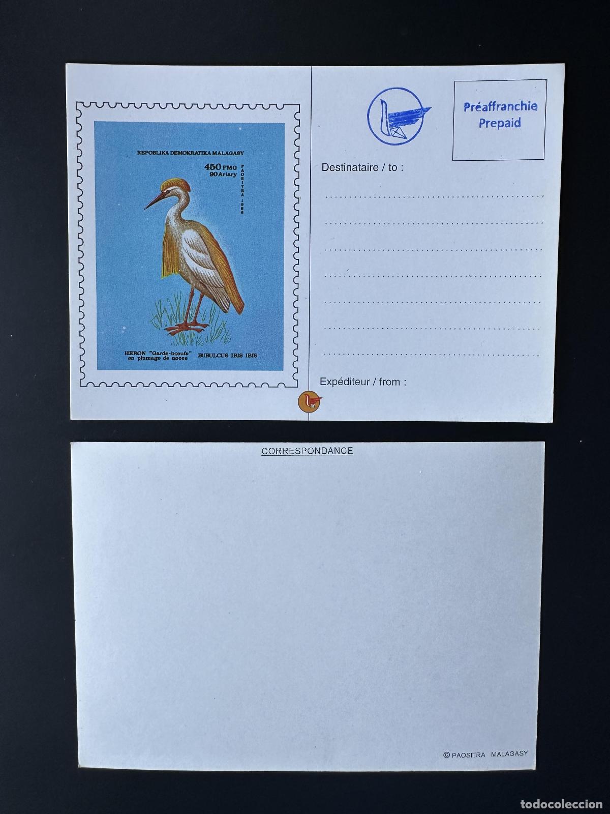 Sellos: &iquest;Madagascar 1986? Mi. Tarjeta postal entera Bl. 36 de sobrecarga local Bird Heron