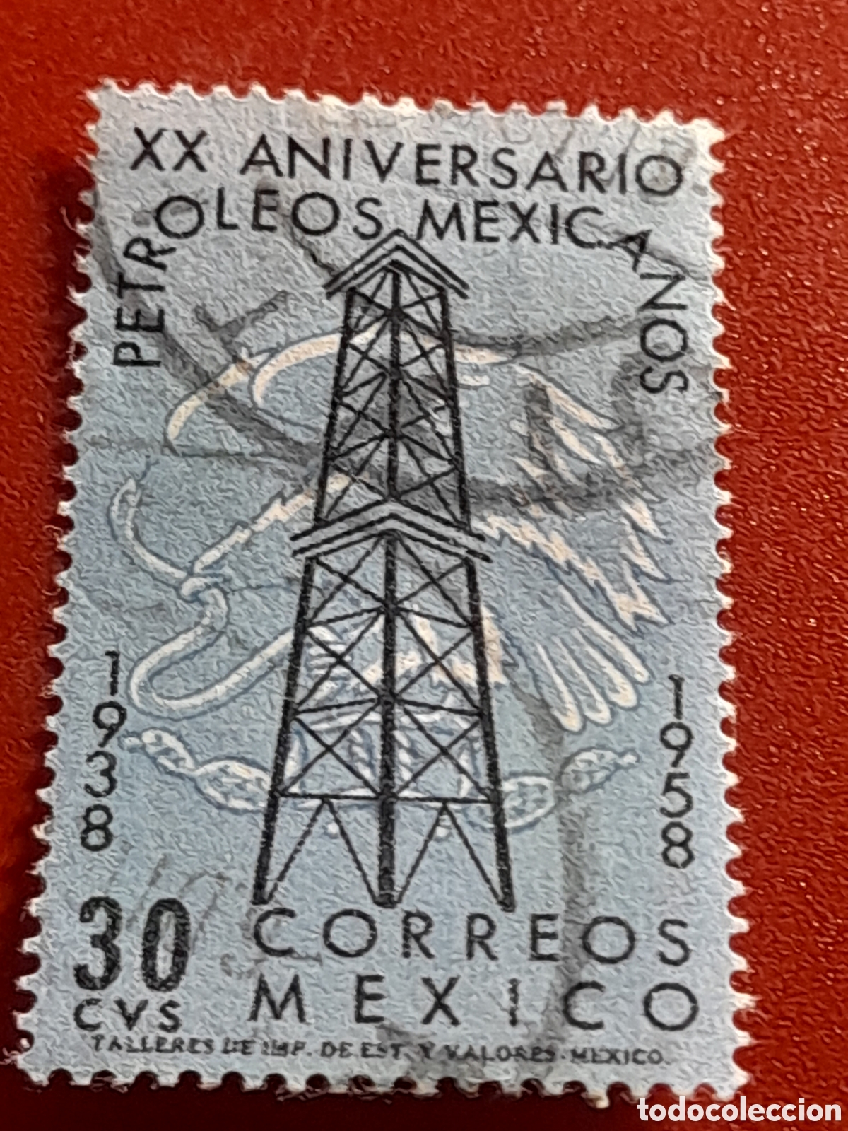 Sellos: Sello (1/2v) Mexico mtdo/udo 1958. 20Aniv nacionalizaci&oacute;n petr&oacute;leo. &Aacute;guila. Aves. P&aacute;jaro. Fauna. Ser