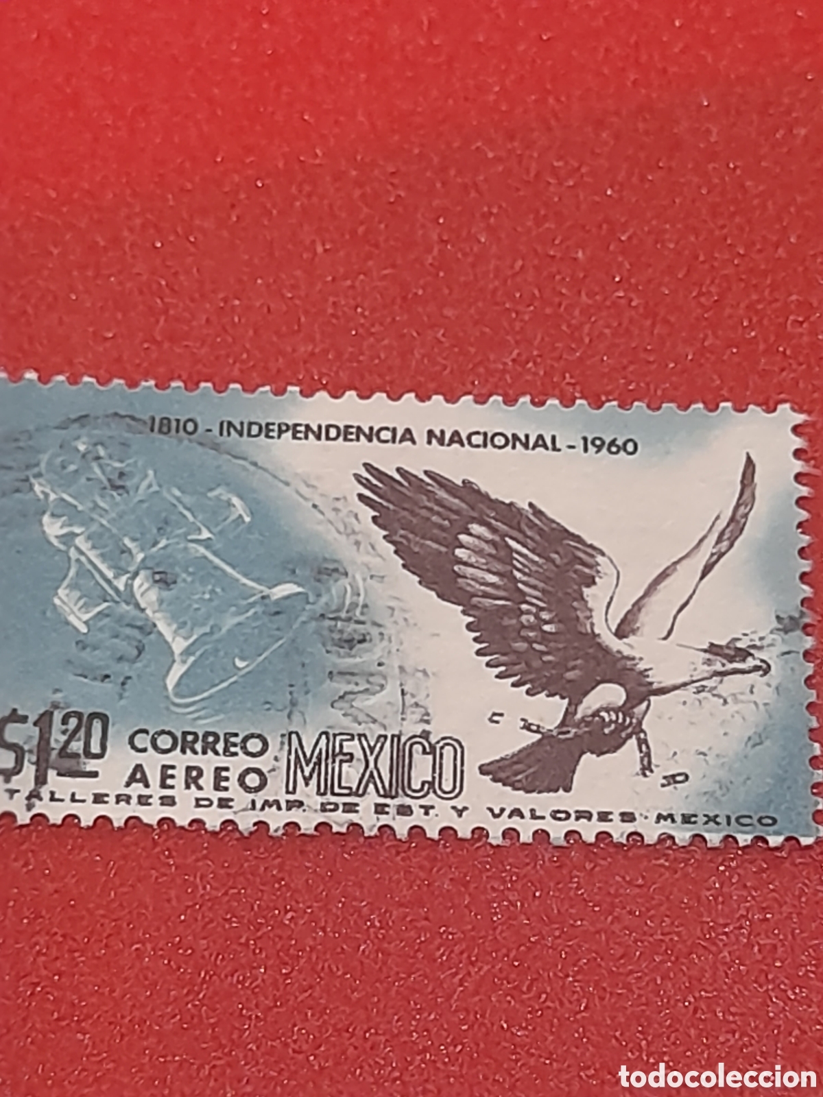 Sellos: Sello (1/3v) Mexico mtdo/udo 1960. 150Aniv independencia. &Aacute;guila. Emblema. Aves. P&aacute;jaros. Campana