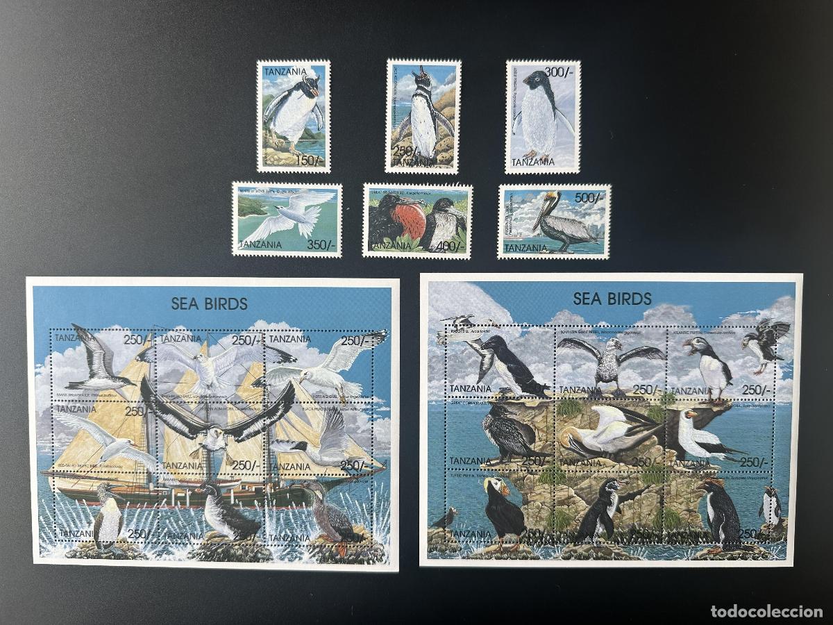 Sellos: Tanzania 1999 Mi. 3817-3832 Bl. 505-506 Aves marinas Ping&uuml;inos pel&iacute;cano