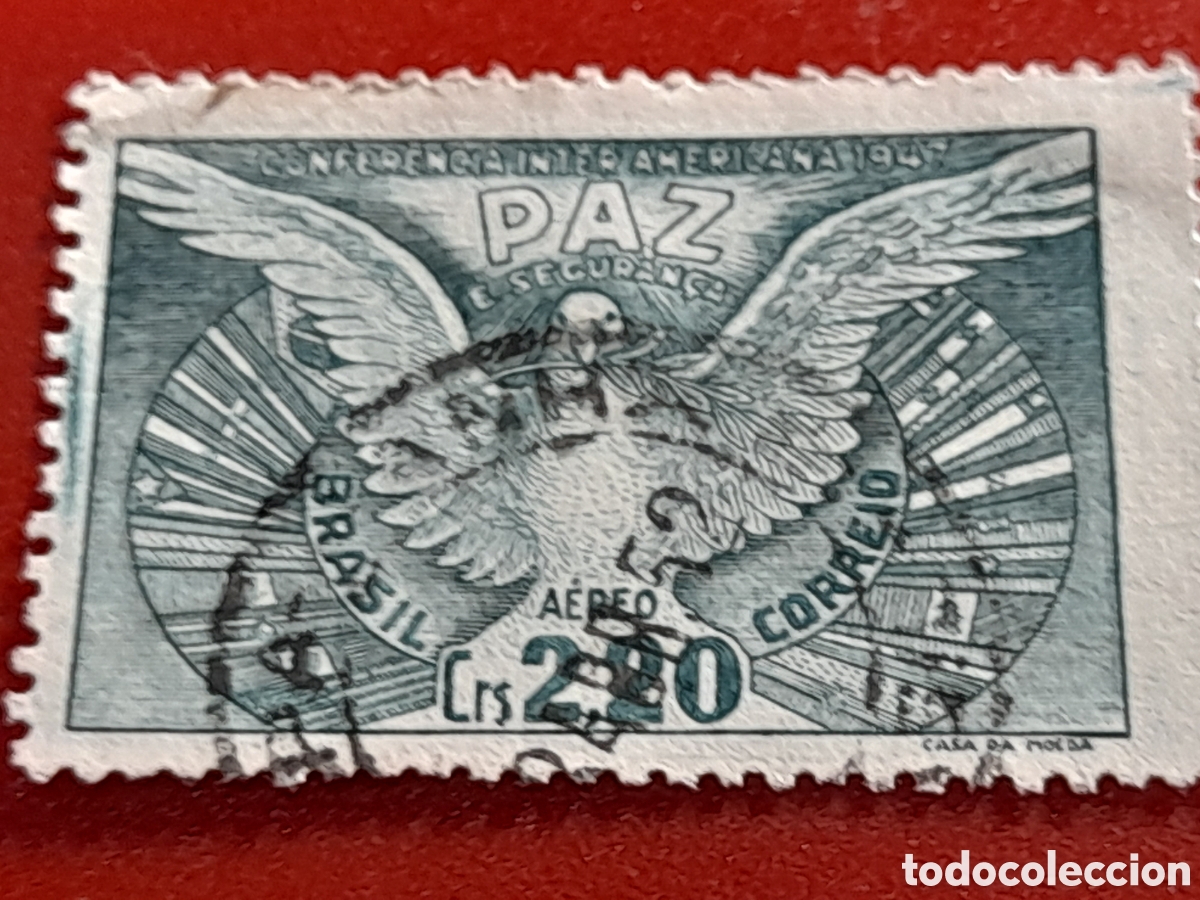 Sellos: Sello Brasil mtdo/udo 1948. Conferencia Panamericana defensa. Aves. P&aacute;jaros. Fauna. Paloma.