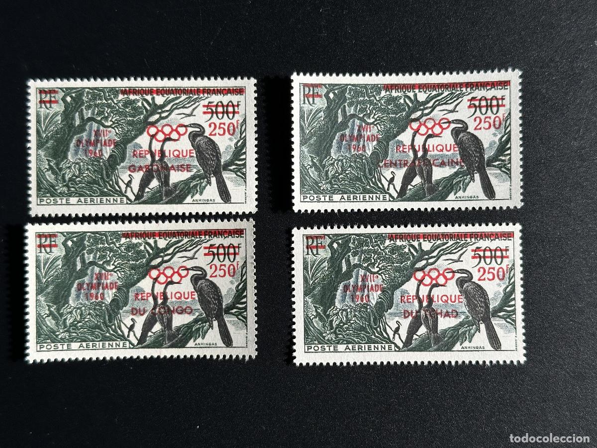 Sellos: Gab&oacute;n Chad Congo Centroafricano 1960 4 val. surch. P&aacute;jaro de los Juegos Ol&iacute;mpicos Roma