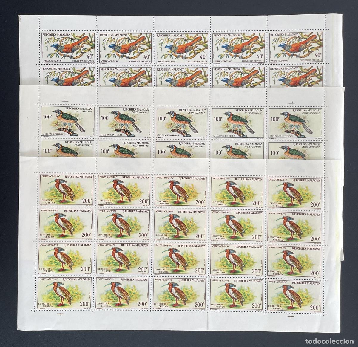 Sellos: Madagascar 1963 YT PA 89-91 bloque aves correo a&eacute;reo fauna
