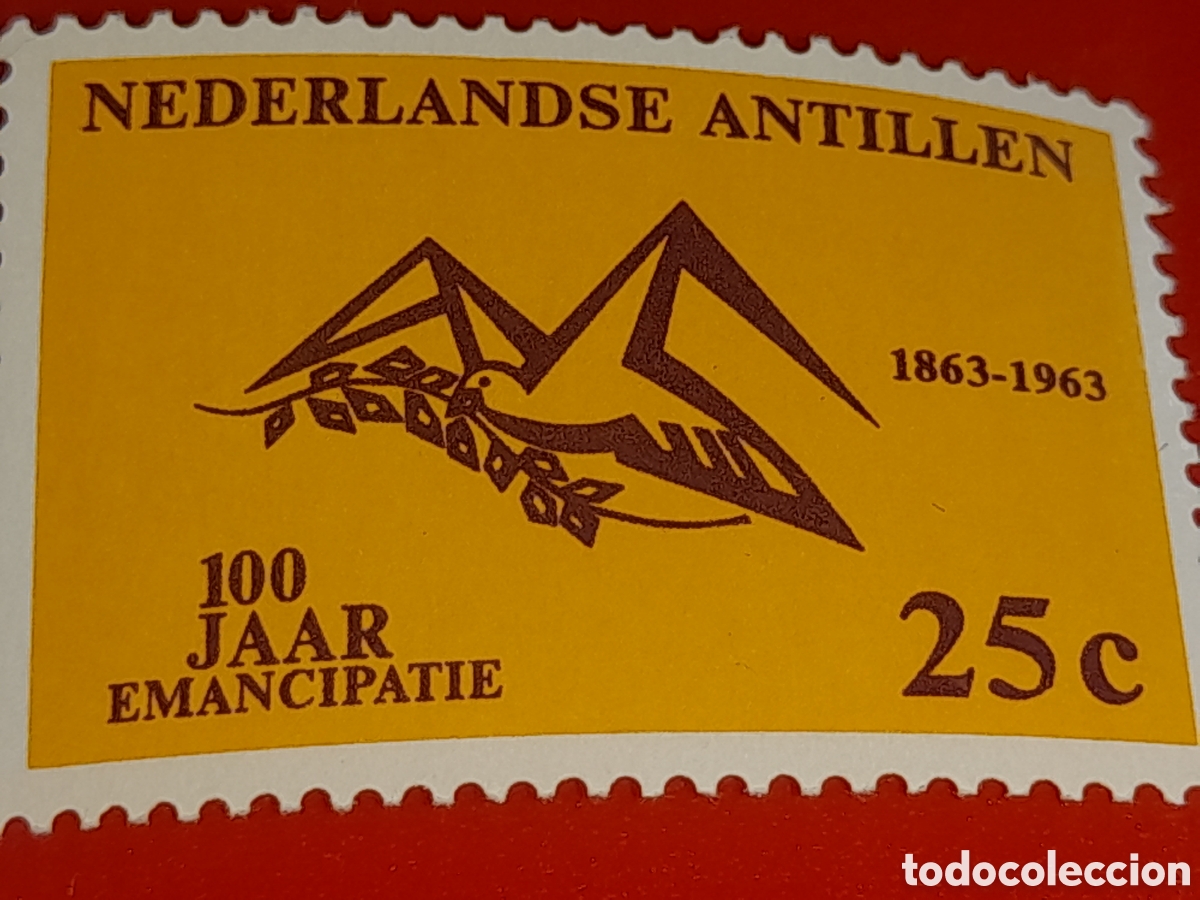 Sellos: Sello Antillas Holandesas nuevo 1963. 100Aniv abolici&oacute;n esclavitud. Libertad. Aves. P&aacute;jaro. Rama oli